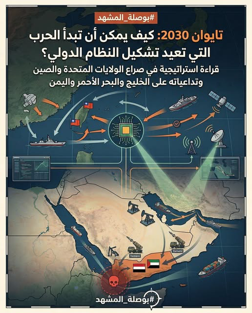 الإنفوغراف الأصلي لمنشور بوصلة المشهد عن سيناريو تايوان 2030 وتداعياته الاستراتيجية